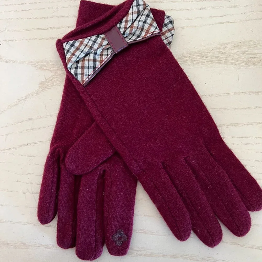 🖤 Burgundy Elegant Ladies Gloves With Plaid Bow Touch Screen Smart NWT